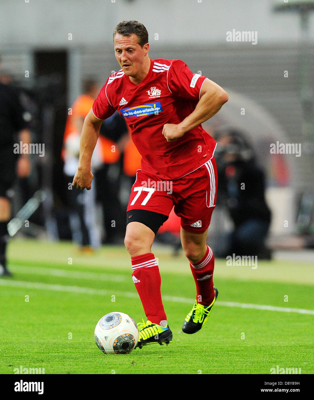 Former Formula One driver Michael Schumacher is pictured during Michael  Ballack's farewell match at Red Bull Arena in Leipzig, Germany, 05 June  2013. Photo. Thomas Eisenhuth Stock Photo - Alamy