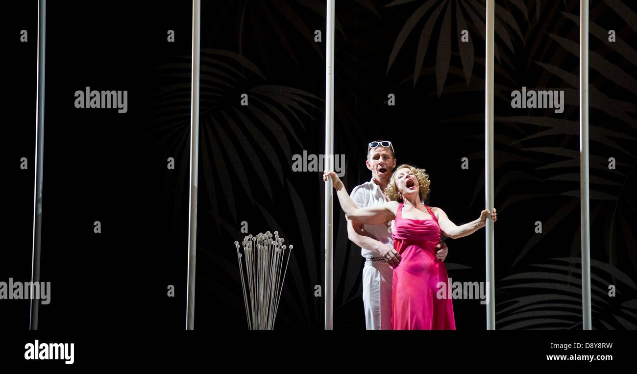 Christoph Spaeth as Marquis Aristide de Faubas and Dagmar Manzel as Madeleine de Faubas rehearse a scene from the operette 'Ball im Savoy' in the Komische Oper in Berlin, Germany, 06 June 2013. The piece was written by Hungarian composer Paul Abraham and will premiere on 09 June 2013. Photo: NICOLAS ARMER Stock Photo