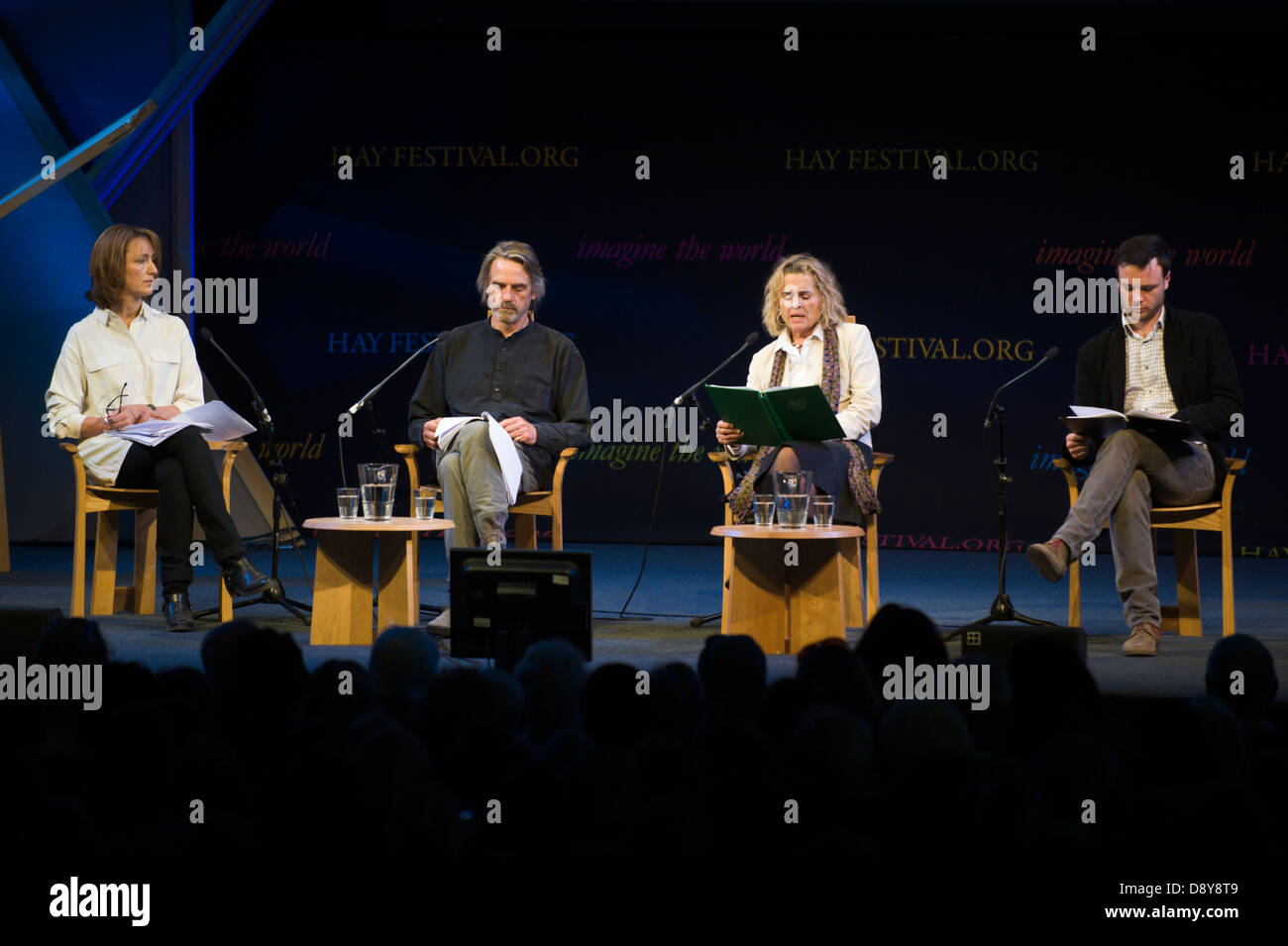 Actors reading poetry of The Great War on stage at Hay Festival 2013 Hay on Wye Powys Wales UK Stock Photo