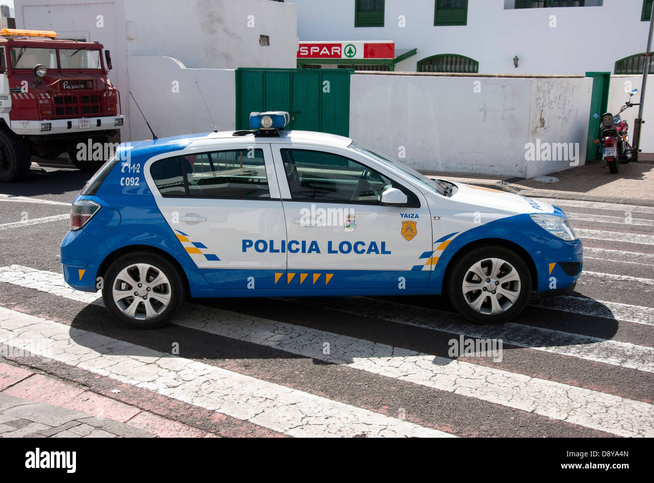 Blue and White Opel Astra Lanzarote Local Police Patrol Car Stock Photo