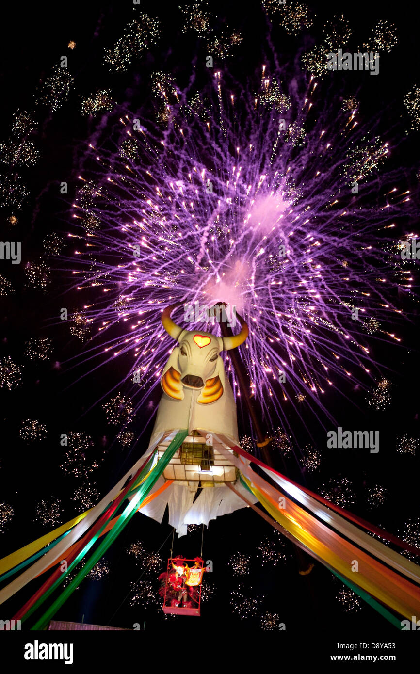 Boi-Bumbá Festival. The fantastic appearance Garantido ox, which is down from the heights with a crane. Stock Photo