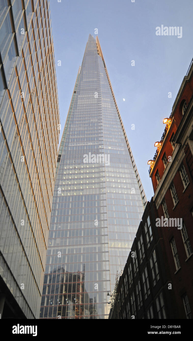 England, London, View up toward the Shard skyscraper at dusk. Tallest skyscraper in the capital city. Stock Photo