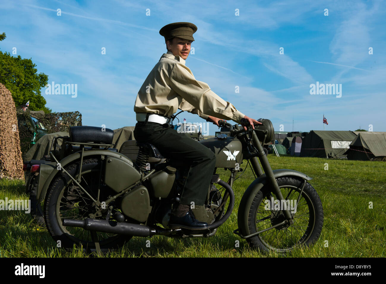 Model Released image of an army cadet sat on a 1942 Matchless G3L 350cc Motorbike at the Overlord show, Waterlooville, Hampshire Stock Photo