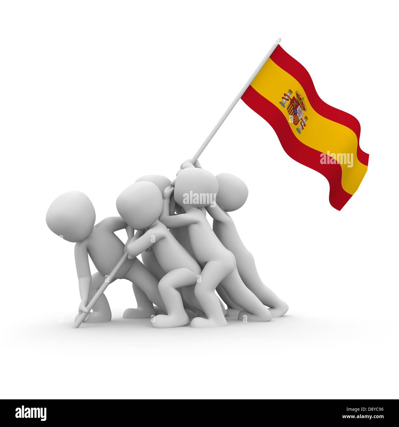 The characters want to hoist the Spanish flag together. Stock Photo
