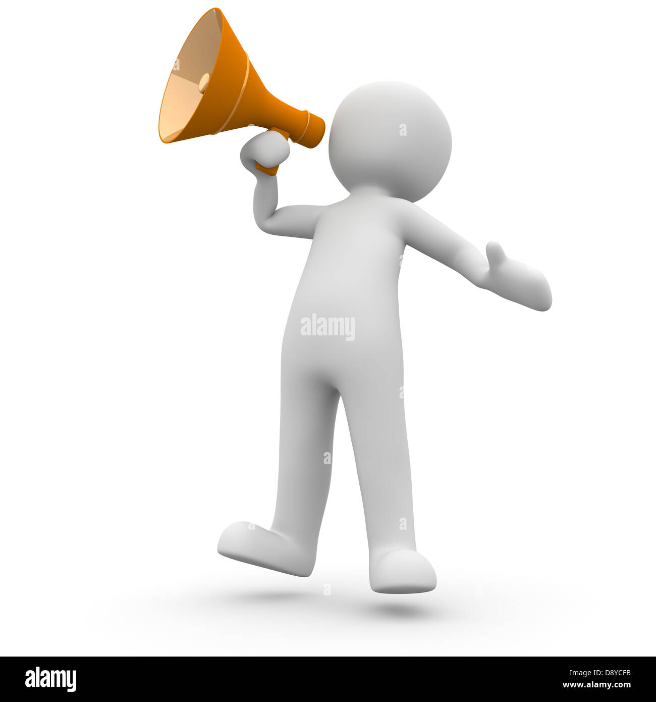 A character speaks loudly about a megaphone in English. Stock Photo