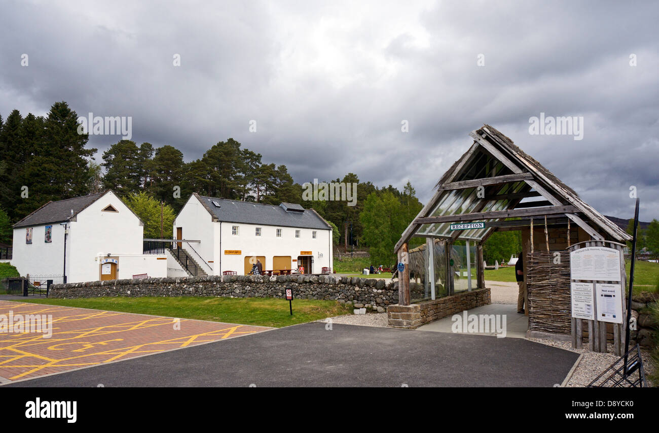 Reception (right) and shop/restaurant building (centre) in the Highland Folk Museum in Newtonmore Highland Scotland Stock Photo