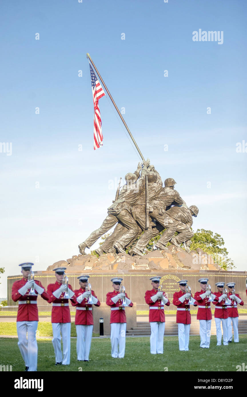 The US Marine Drum and Bugle Corps perform during a Sunset Parade at