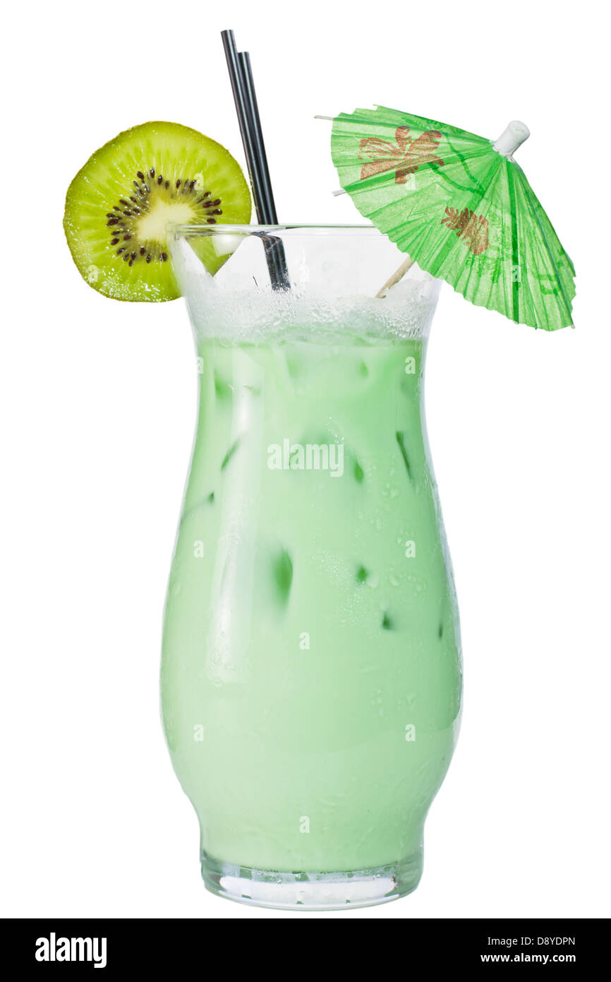 creamy kiwi smoothie isolated on a white background garnished with a kiwi  wheel on the rim and a green parasol Stock Photo - Alamy