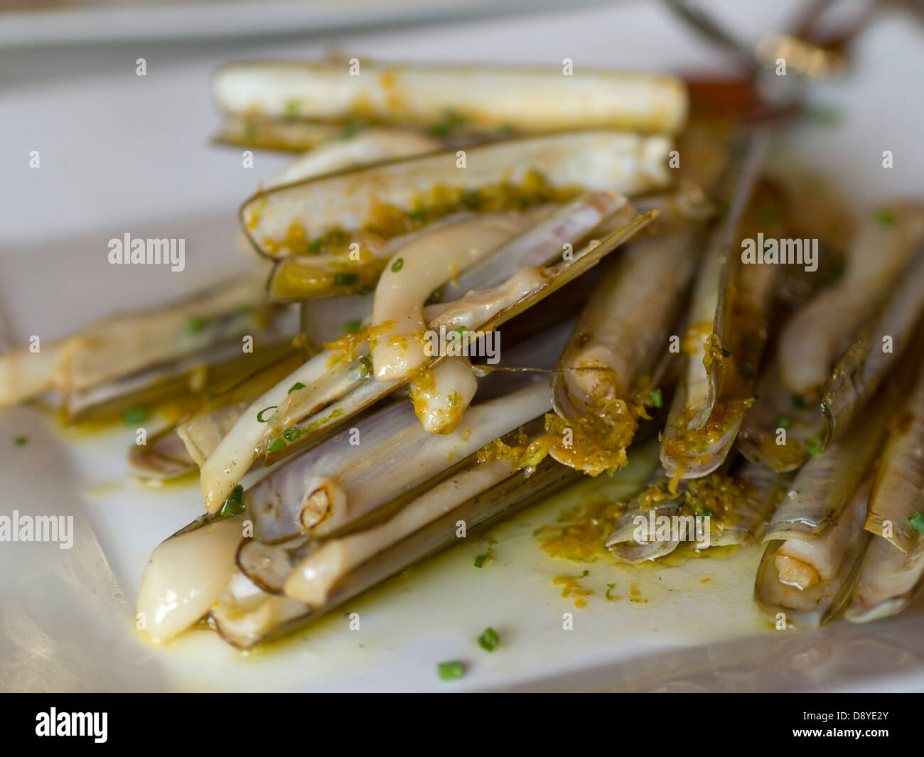 Gourmet dish with razor shells Stock Photo