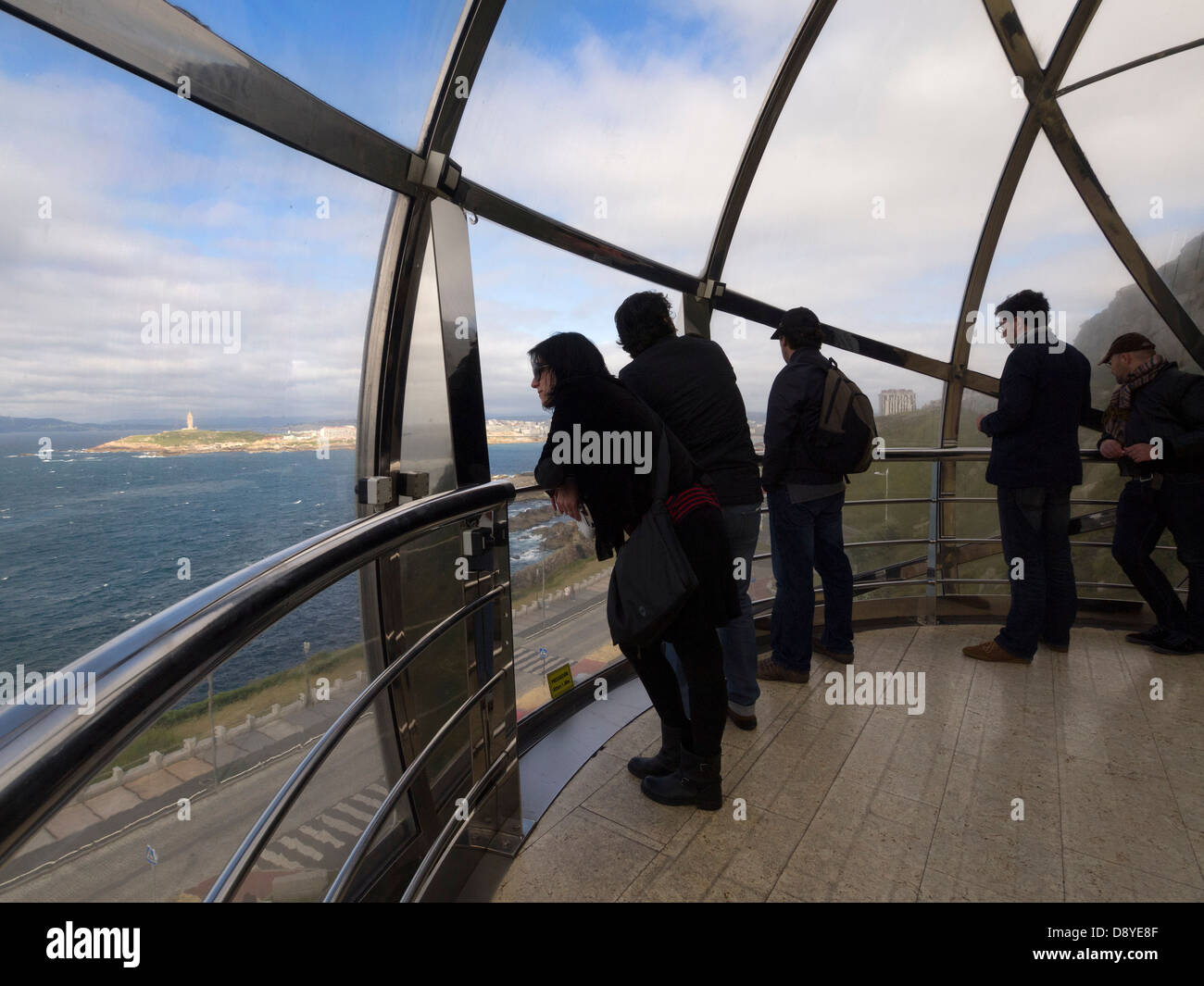 Tourists inside the panoramic elevator in Monte de San Pedro, La Coruña