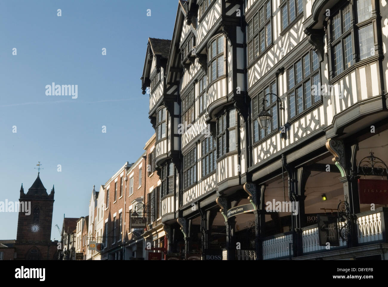 Chester Cheshire UK The The Rows Bridge Street, St Peters church tower.  HOMER SYKES Stock Photo