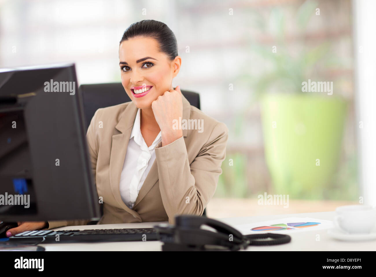 portrait of happy white business woman in office Stock Photo - Alamy