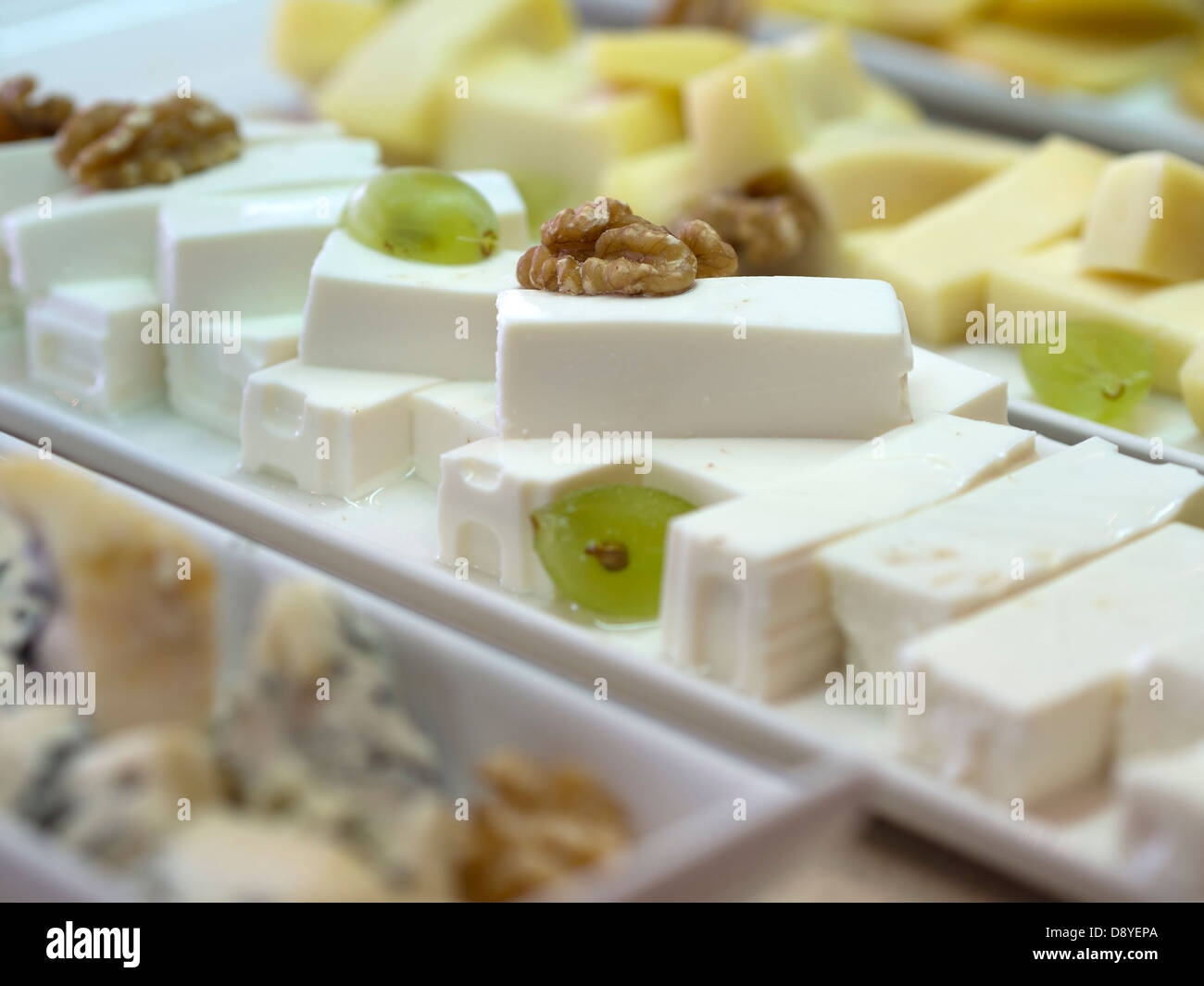 Cheese selection at hotel breakfast buffet table Stock Photo