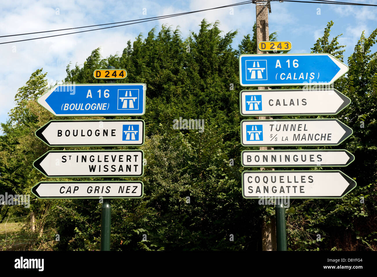 Road Sign A16 Calais Boulogne Wissant France Europe Stock Photo