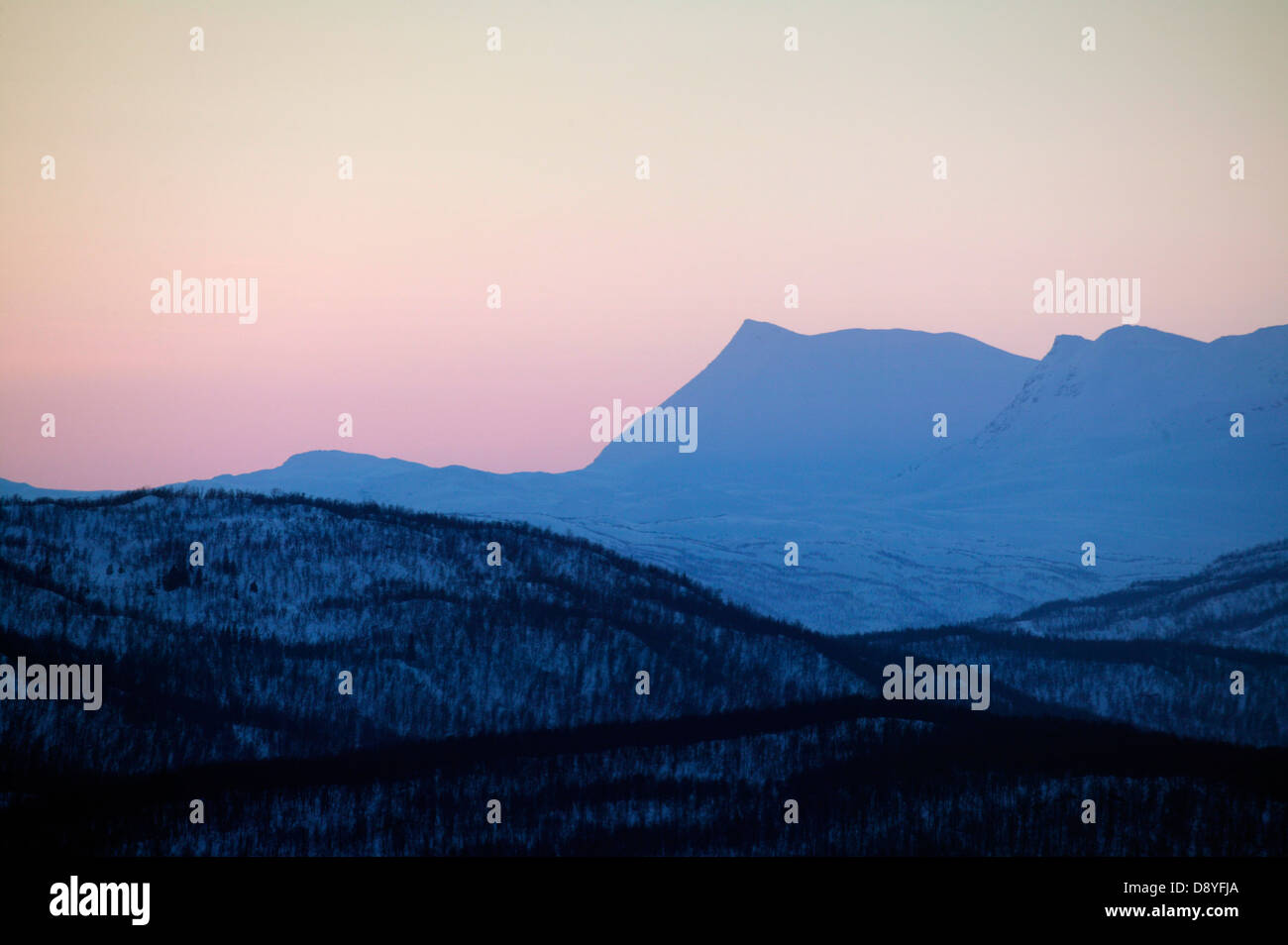 Sunset in wintery landscape, Hemavan, Sweden. Stock Photo