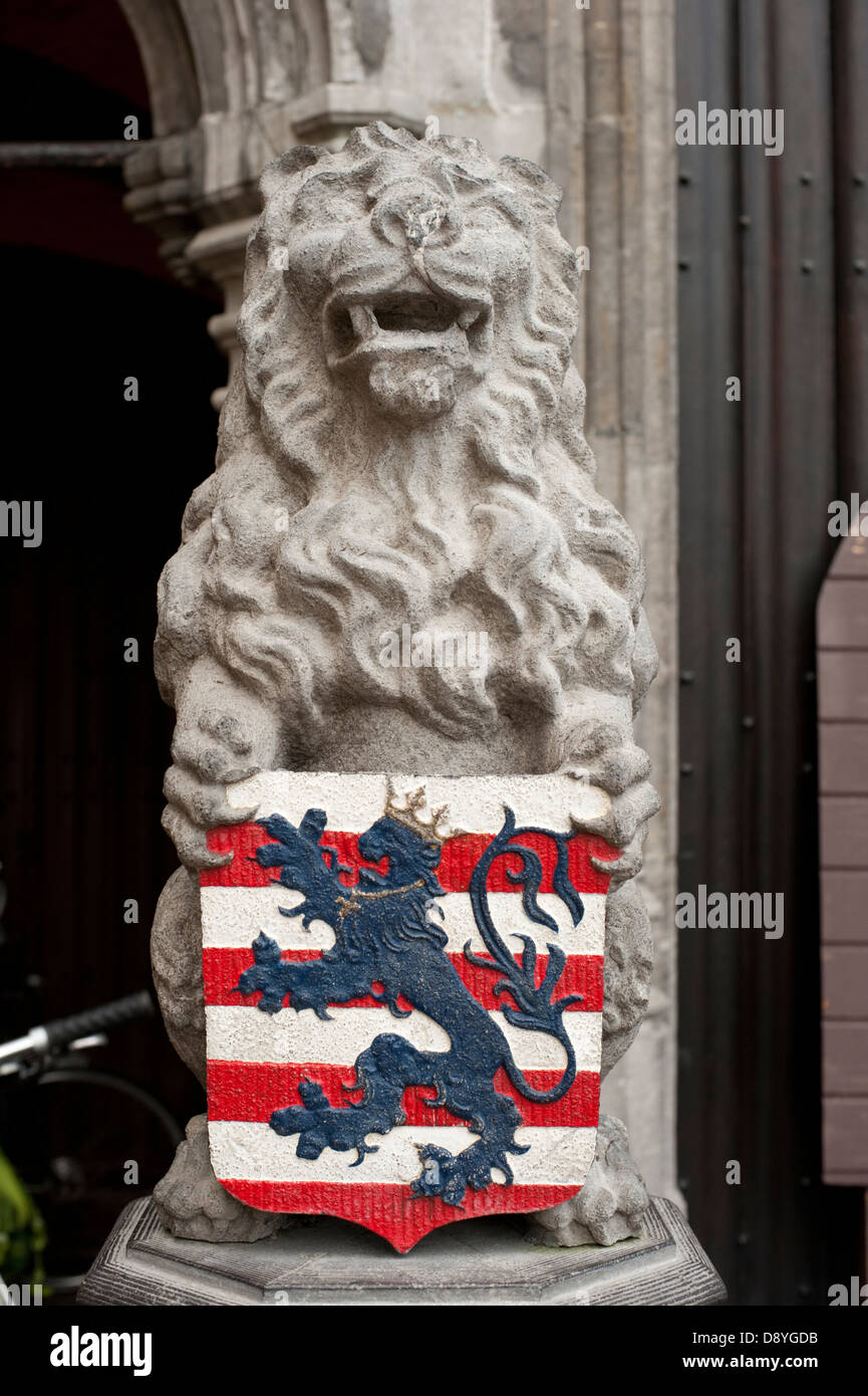 Carved Stone Lion Shield Flag Brugge Belgium Europe Stock Photo
