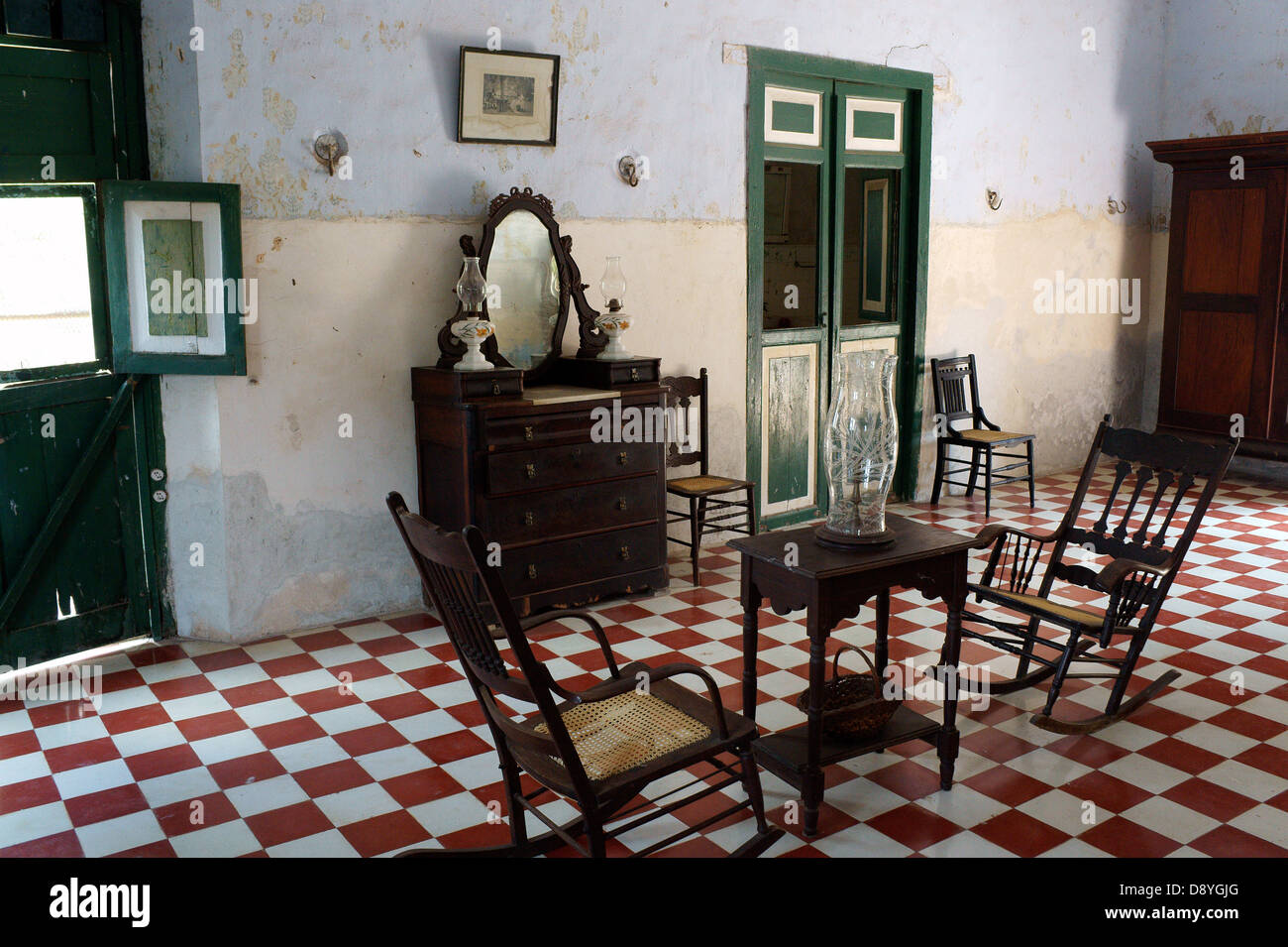 Room with colonial antique furniture in the main building at Hacienda Yaxcopoil, Yucatan, Mexico Stock Photo