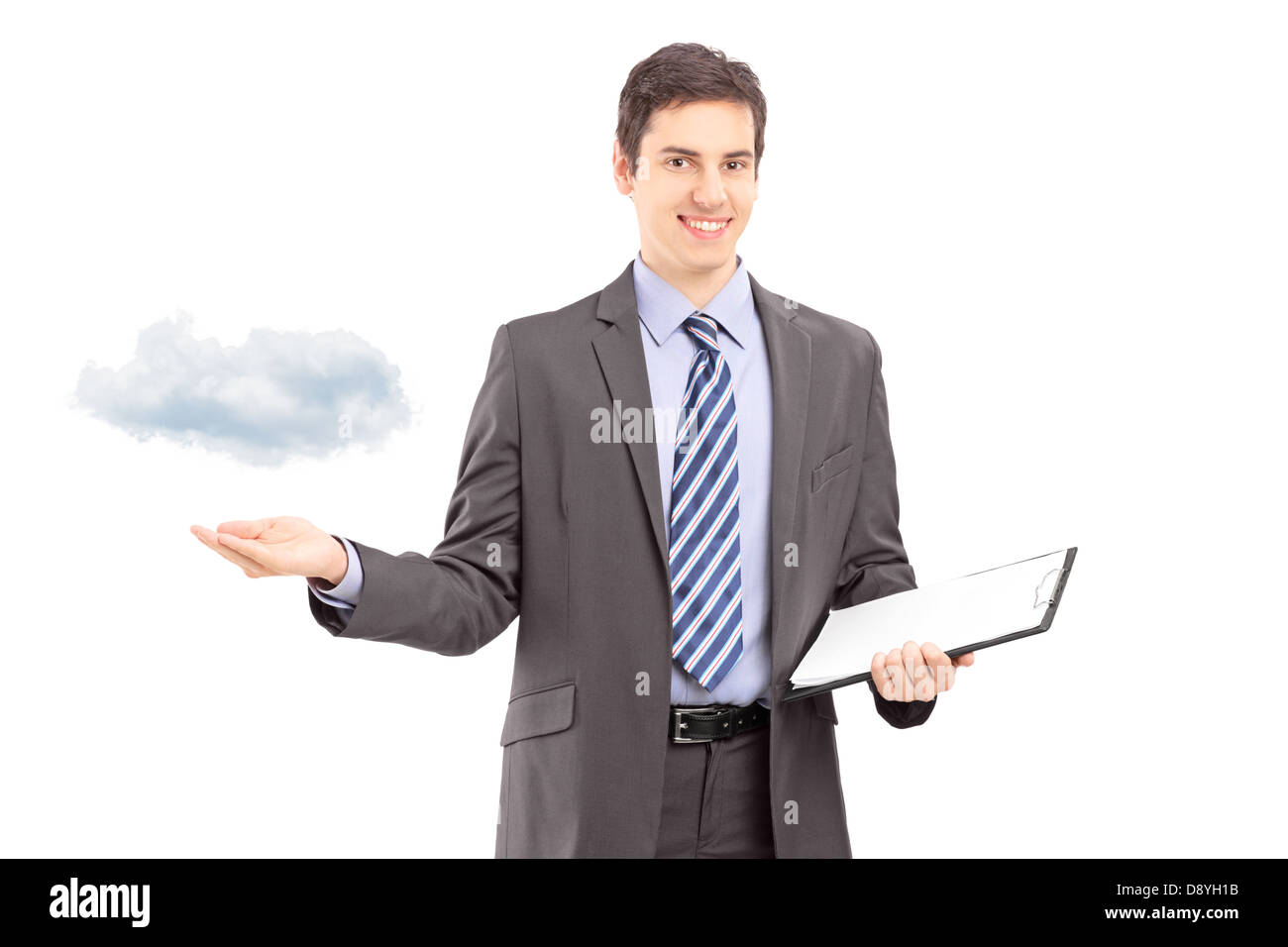 Young professional man holding a clipboard and gesturing with hand, symbolizing cloud computing, isolated on white background Stock Photo