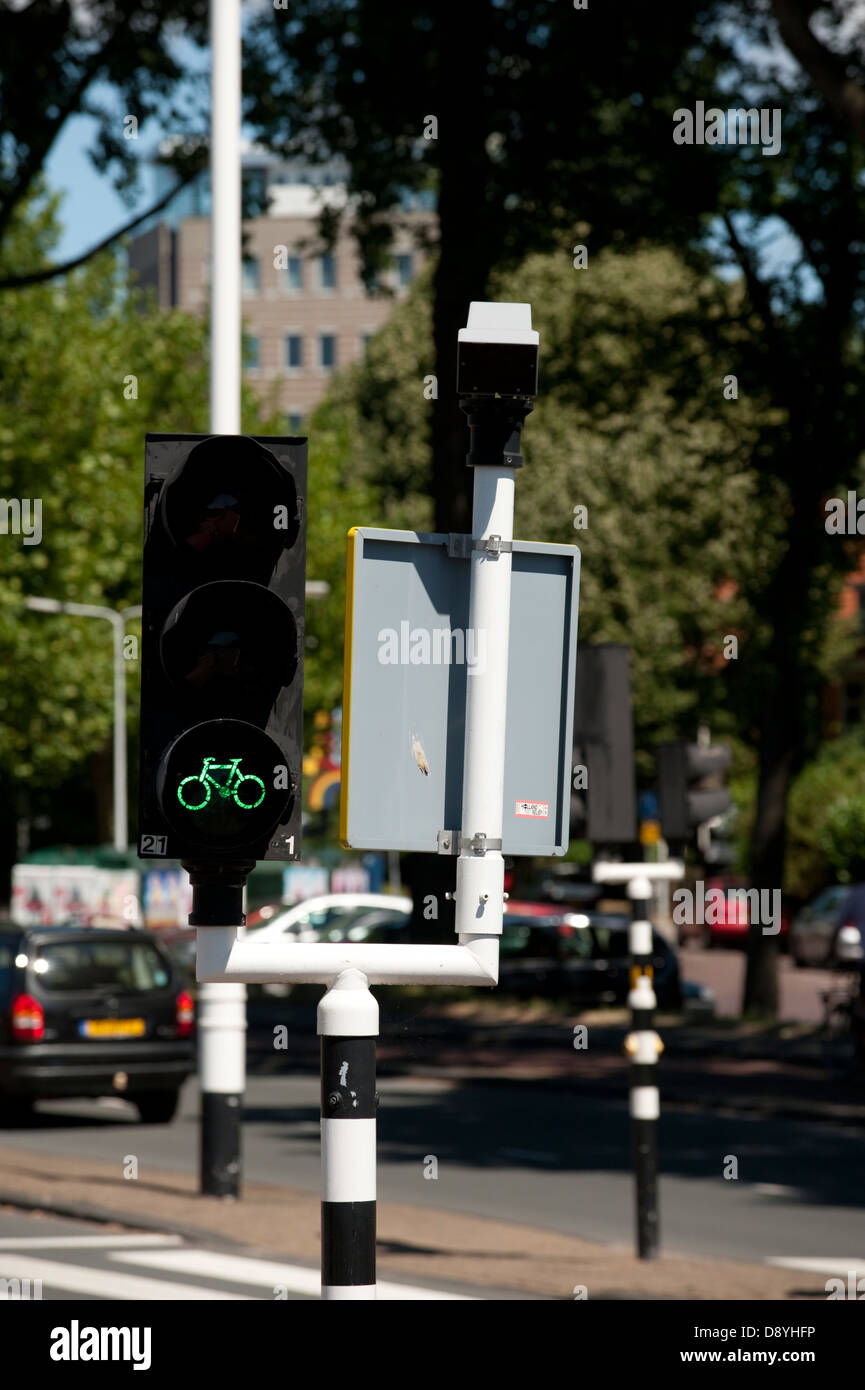 Bicycle Green Traffic Light Go Leiden Holland Netherlands Europe Stock Photo