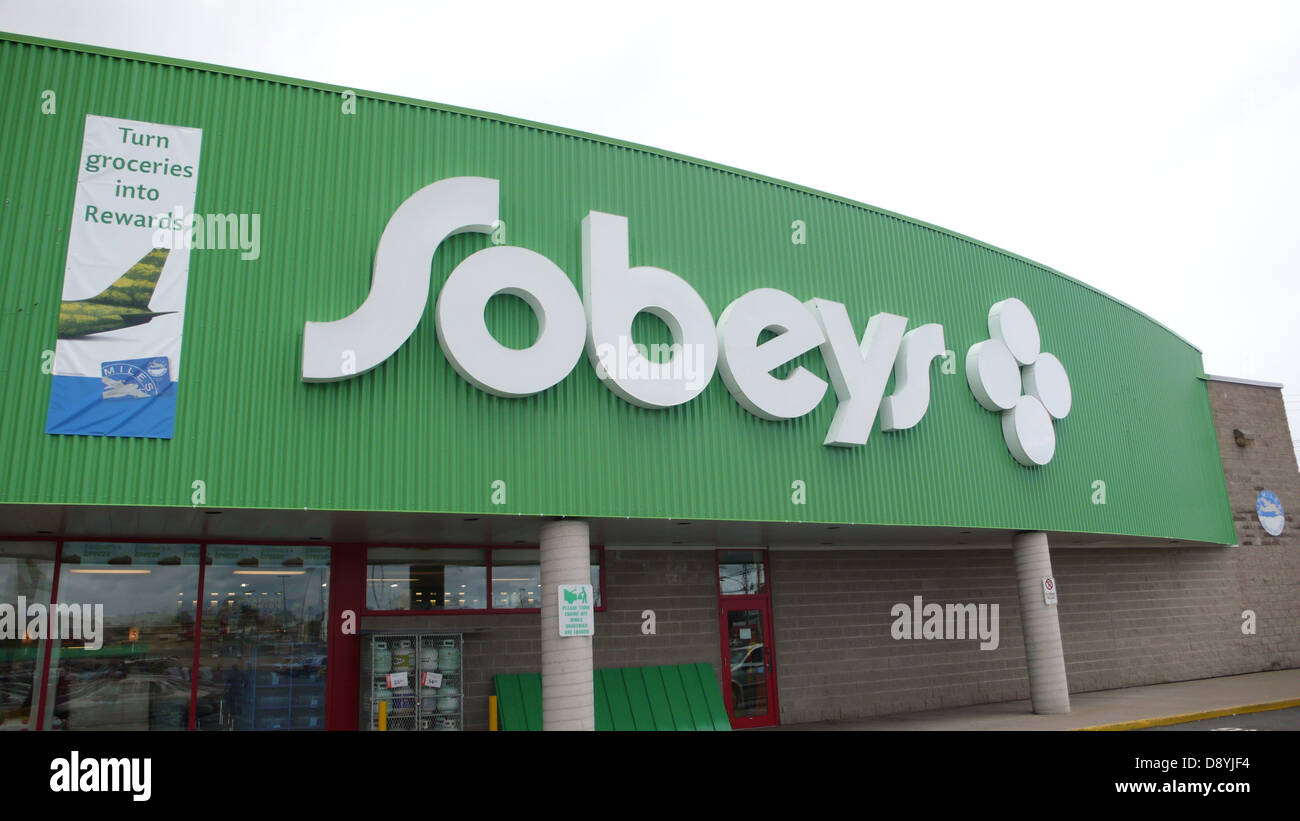 The Sobeys entrance in Sydney, Nova Scotia. This Sobeys store is built next to a stream coming from the Tar Ponds. Stock Photo