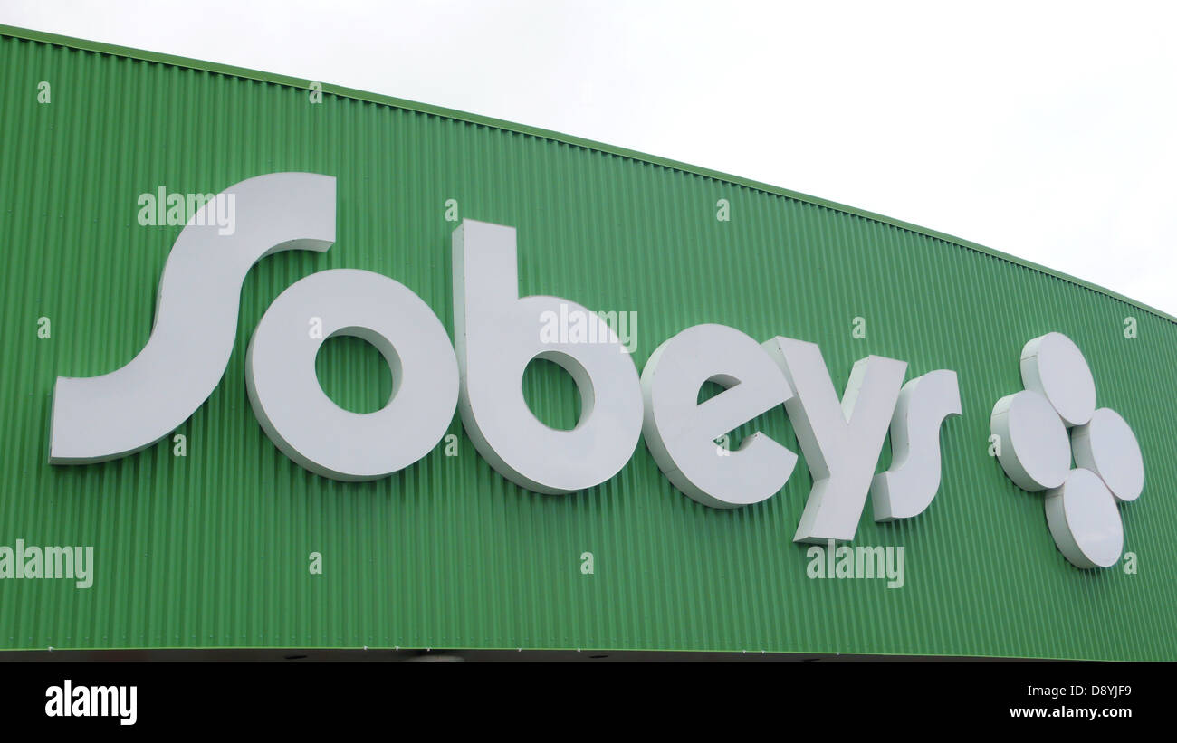 The Sobeys entrance in Sydney, Nova Scotia. This Sobeys store is built next to a stream coming from the Tar Ponds. Stock Photo