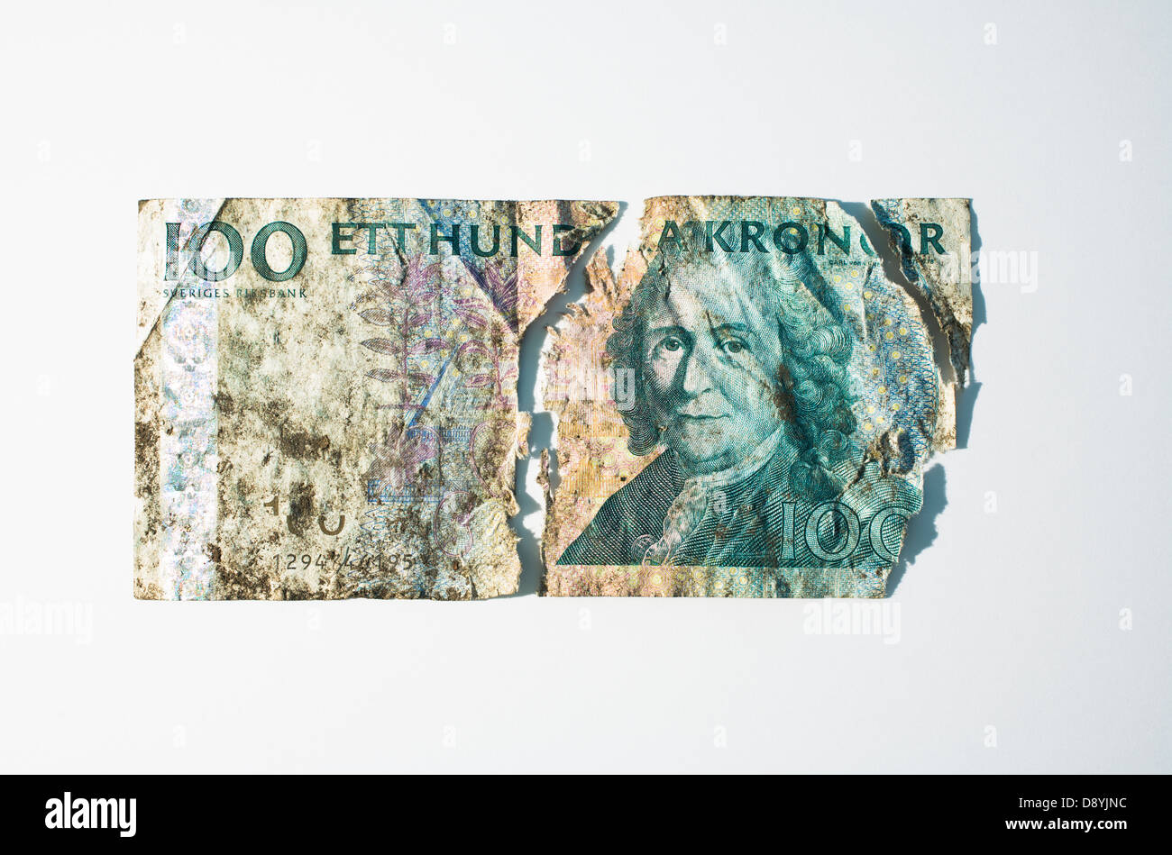 A torned one-hundred-krona note, close-up. Stock Photo