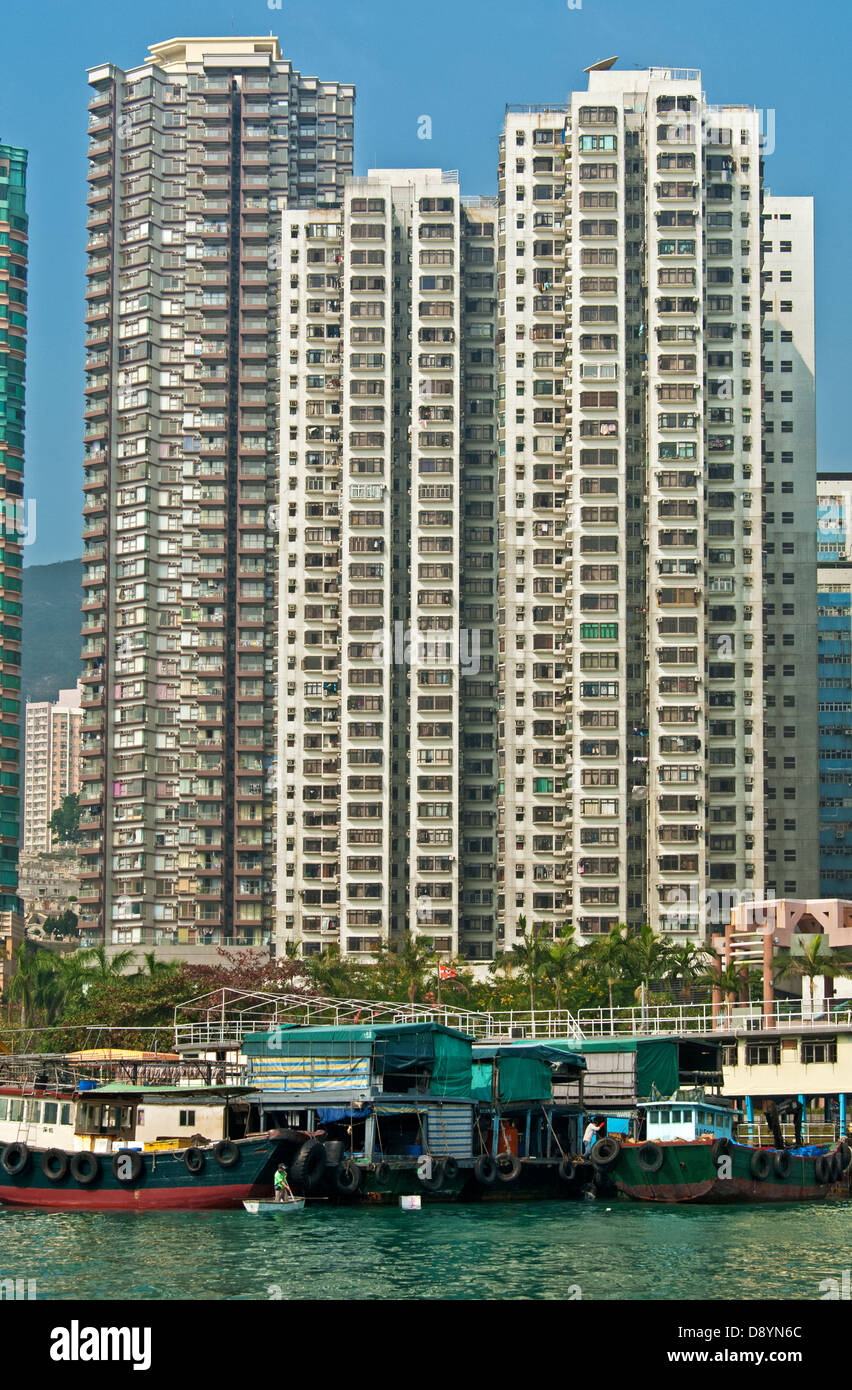 Skyscrapers overlooking the Aberdeen Harbour Sampan boat port at the Aberdeen Channel, Aberdeen, Hong Kong Stock Photo