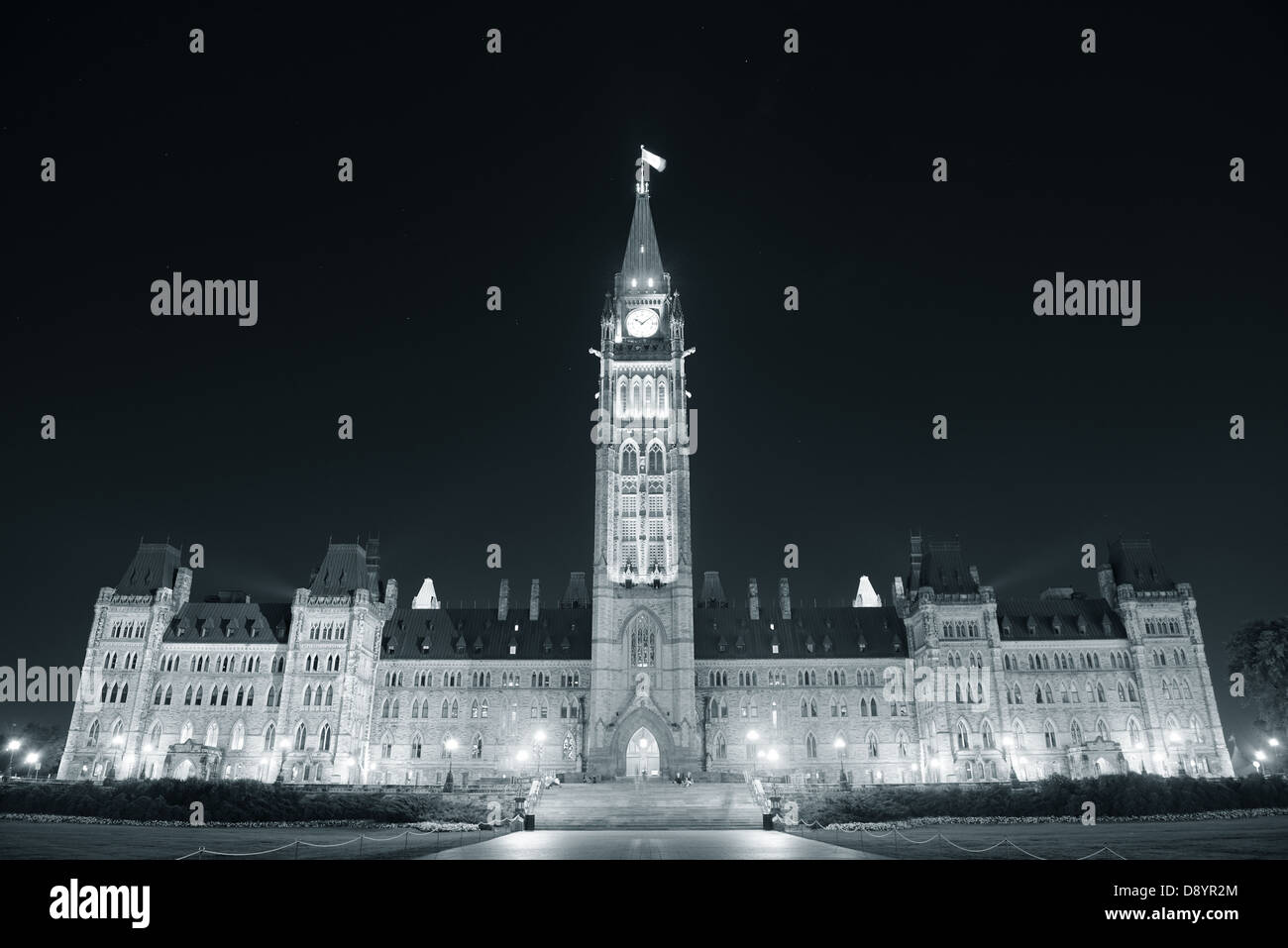Parliament Hill building at night in black and white in Ottawa, Canada Stock Photo
