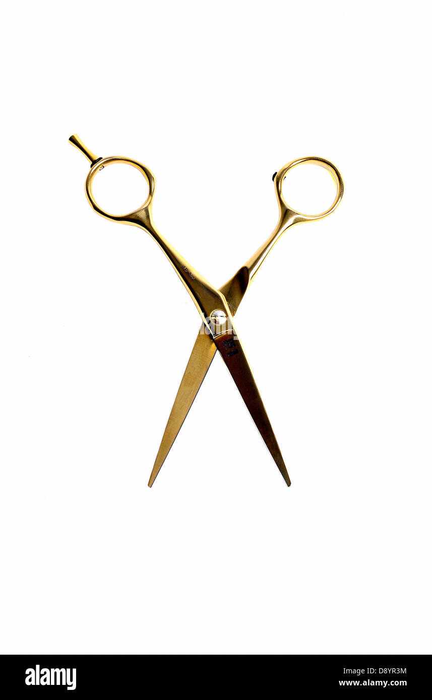 Hairdressing scissors against white background, close-up Stock Photo