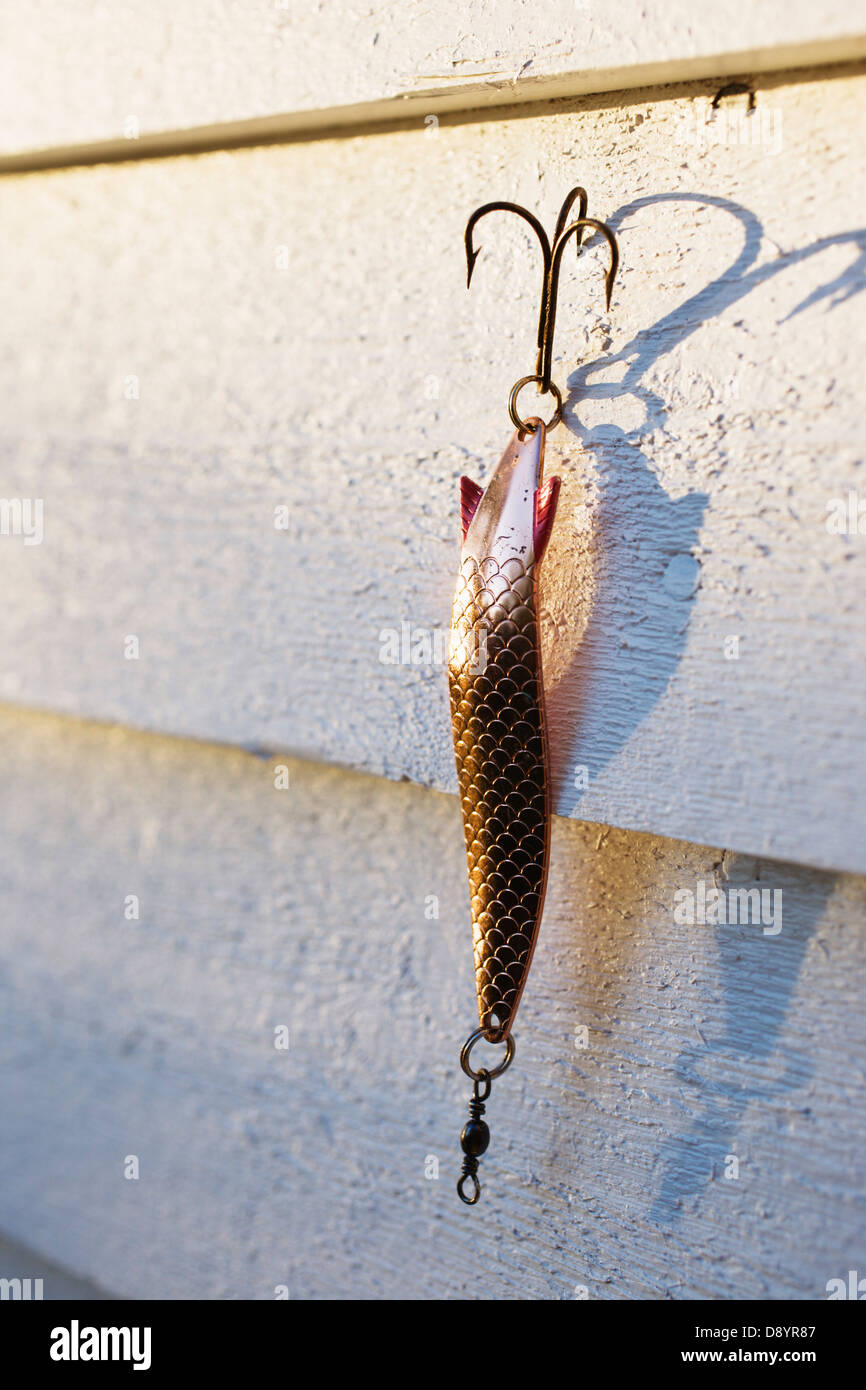 Fishing tackle hanging on wood panelling Stock Photo
