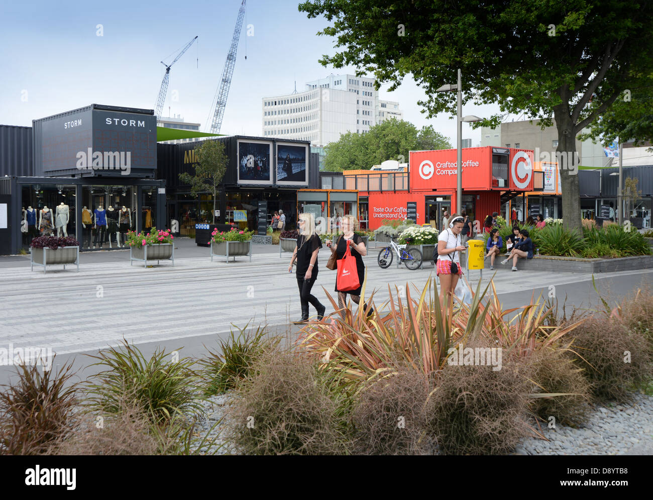 A temporary shopping center made of shipping containers provides the locals with a ray of hope in the middle of Christchurch' Stock Photo