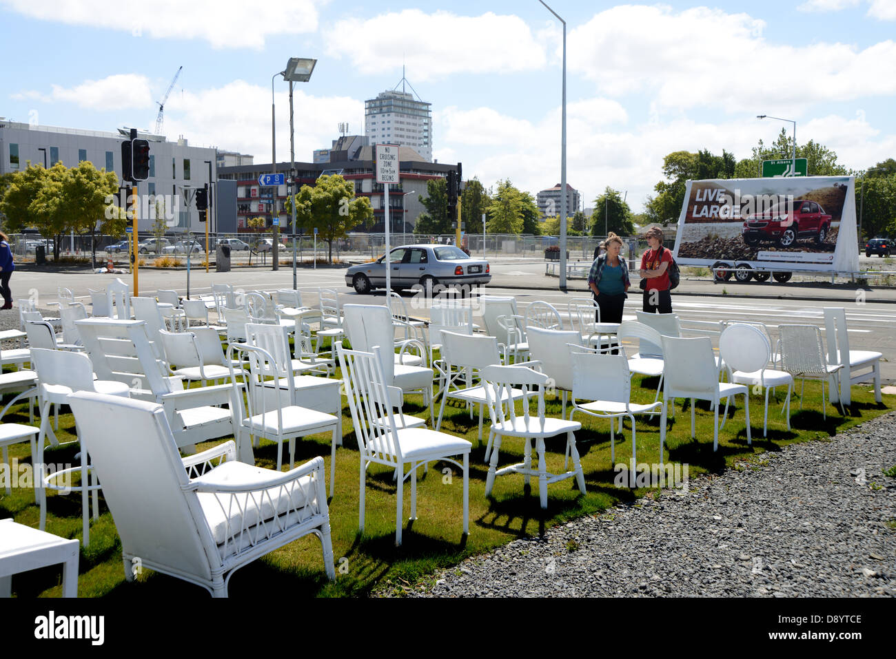 The temporary art instalation of 185 chairs- painted white- to mark the lost lives in the 2011 earthquake. Christchurch NZ Stock Photo