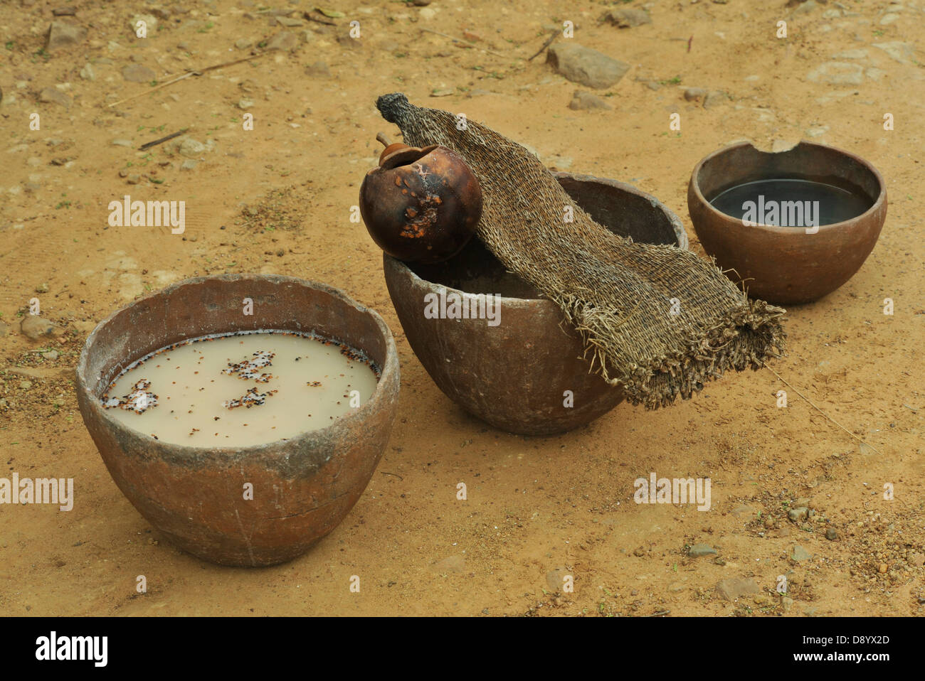 Beverage, still life, objects, traditional African beer , clay pots