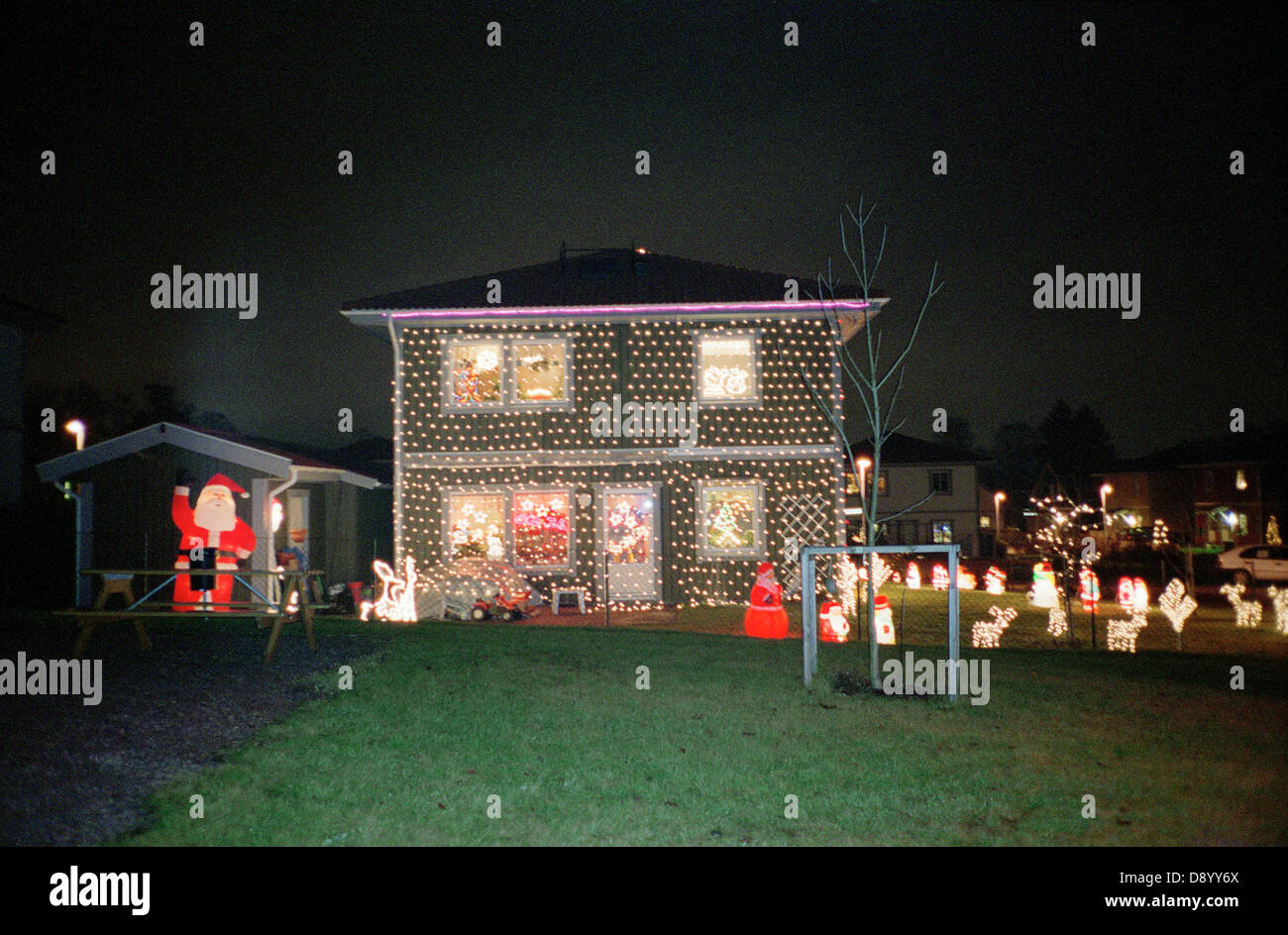 House with Christmas decorations, Sweden. Stock Photo