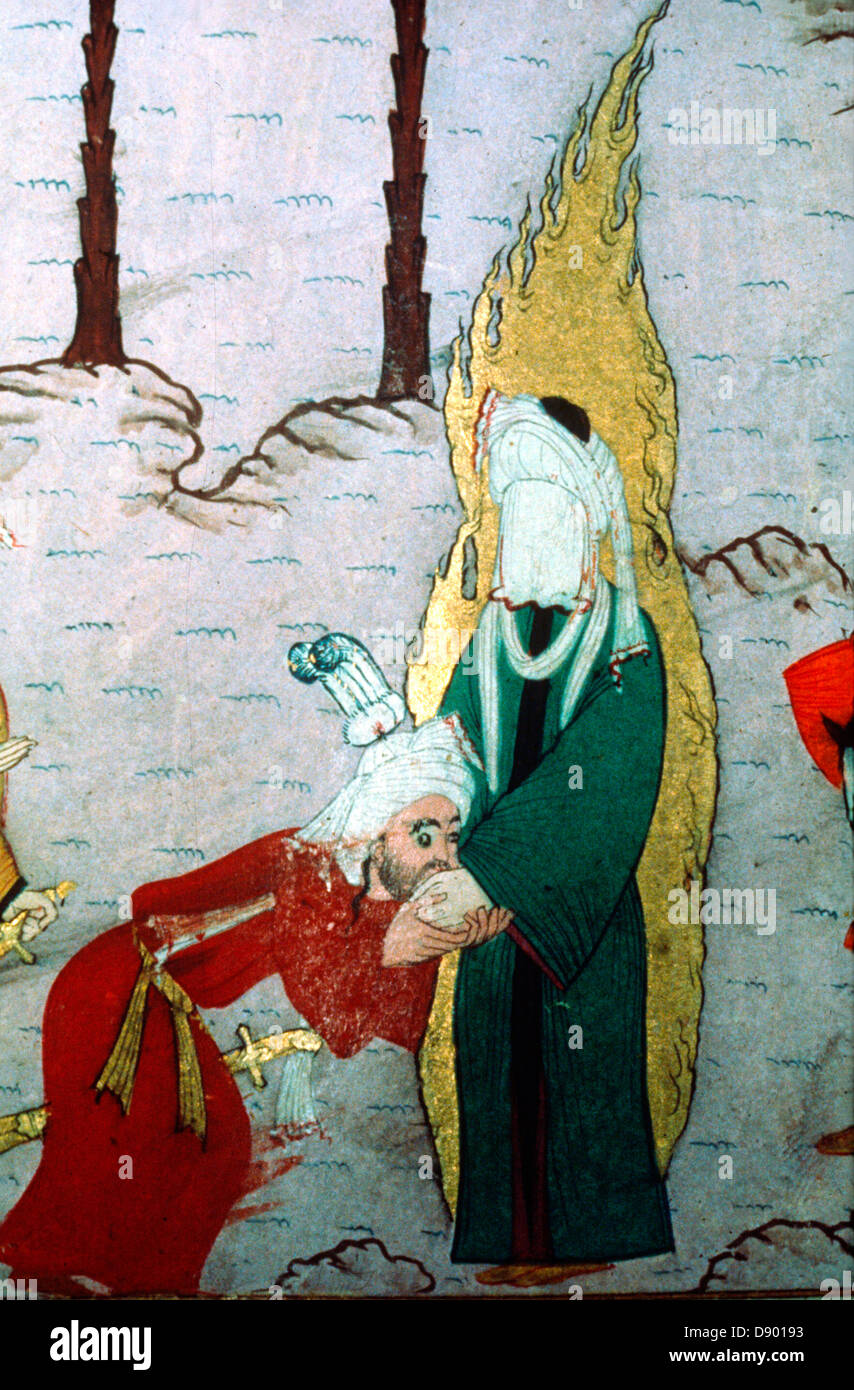 Caliph kissing the Prophet's hand, 16th century  ms H1223, Life of the Prophet, Topkapi Palace Museum Library, Istanbul, Turkey Stock Photo
