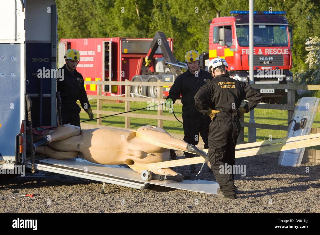 Humberside Fire and Rescue Service during a training exercise to rescue a horse from a trailer Stock Photo