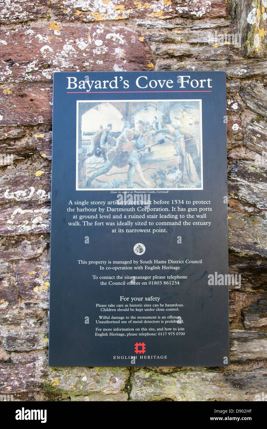 Notice on the walls of Bayard's Cove Fort, Dartmouth, detailing its history. Stock Photo