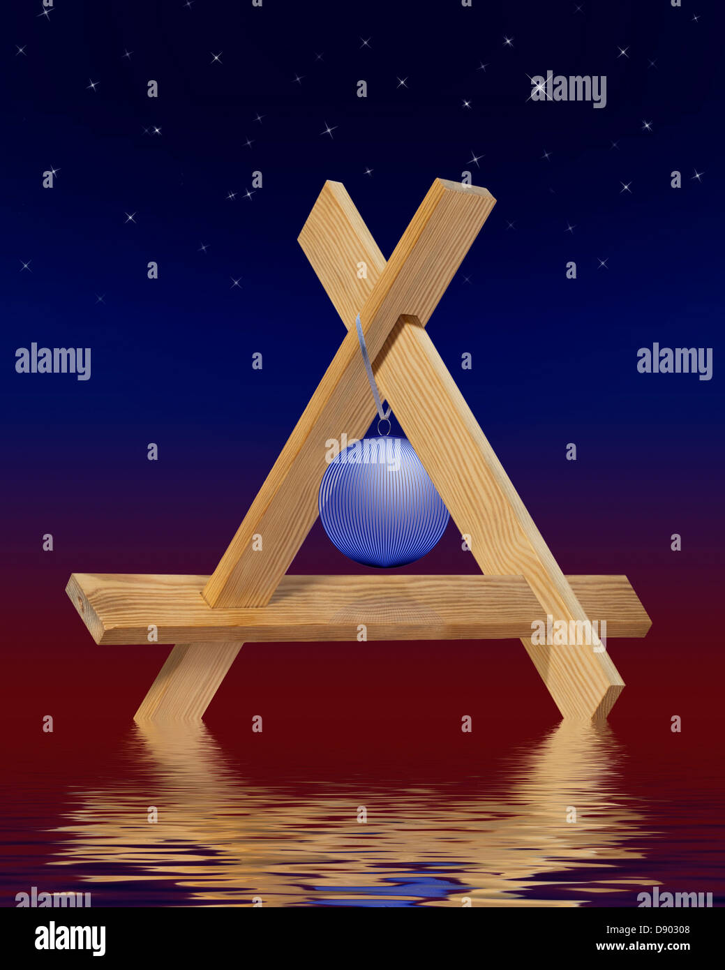Impossible A frame with blue glass ball suspended in center over water reflection Stock Photo