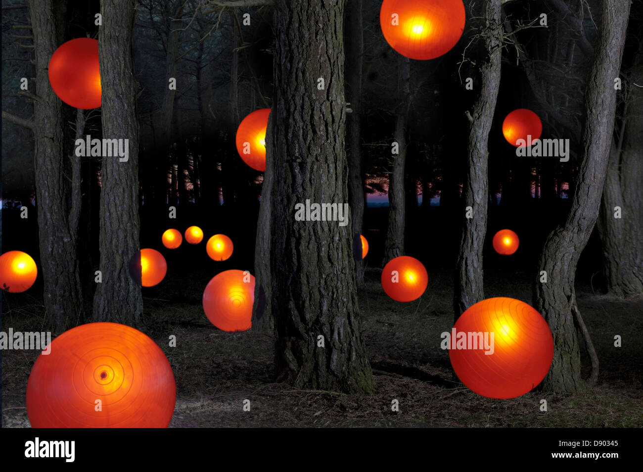Glowing orange balls by trees in forest, a mystical abstract meaningful concept Stock Photo