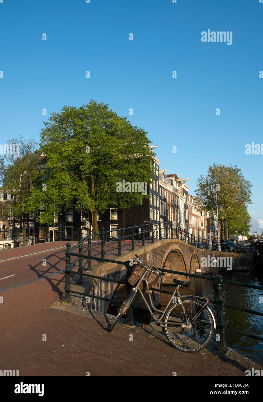 Netherlands, Amsterdam, Bicycle and Bridge on Reguliersgracht Stock Photo