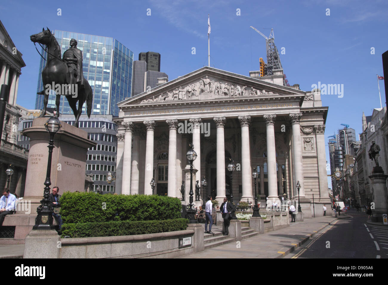 The Royal Exchange and Duke of Wellington statue London Stock Photo