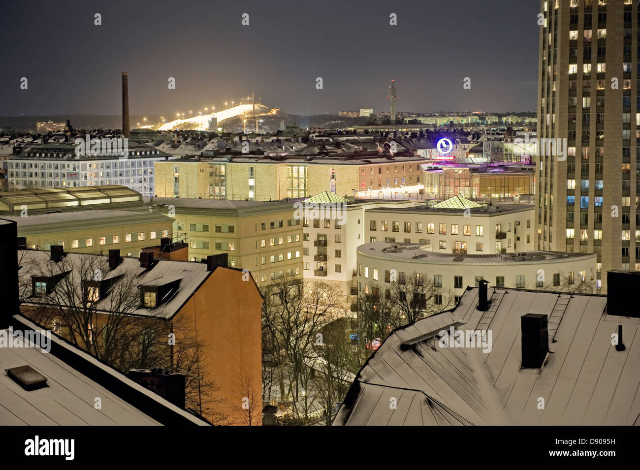 View over a city at night, Sweden. Stock Photo