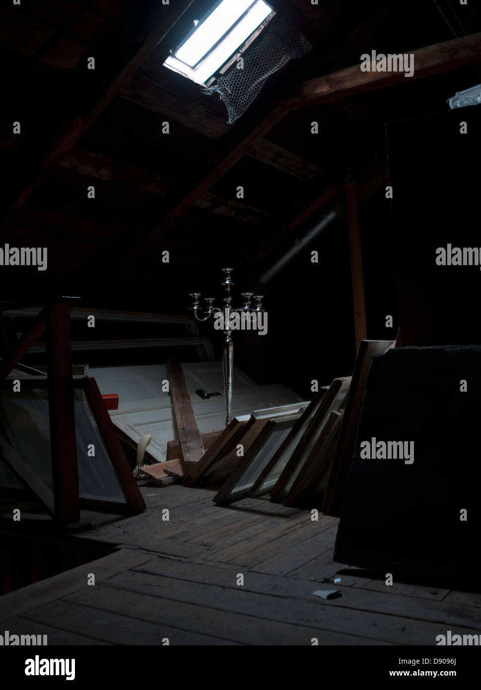 A dark attic full of lumber, Sweden Stock Photo Alamy