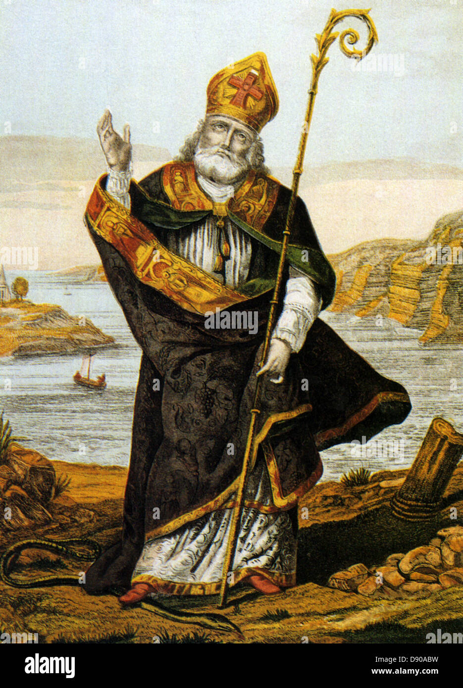 ST PATRICK  (c 387-460) Romano-British Christian missionary in an early 19th century print showing him trampling a serpent Stock Photo