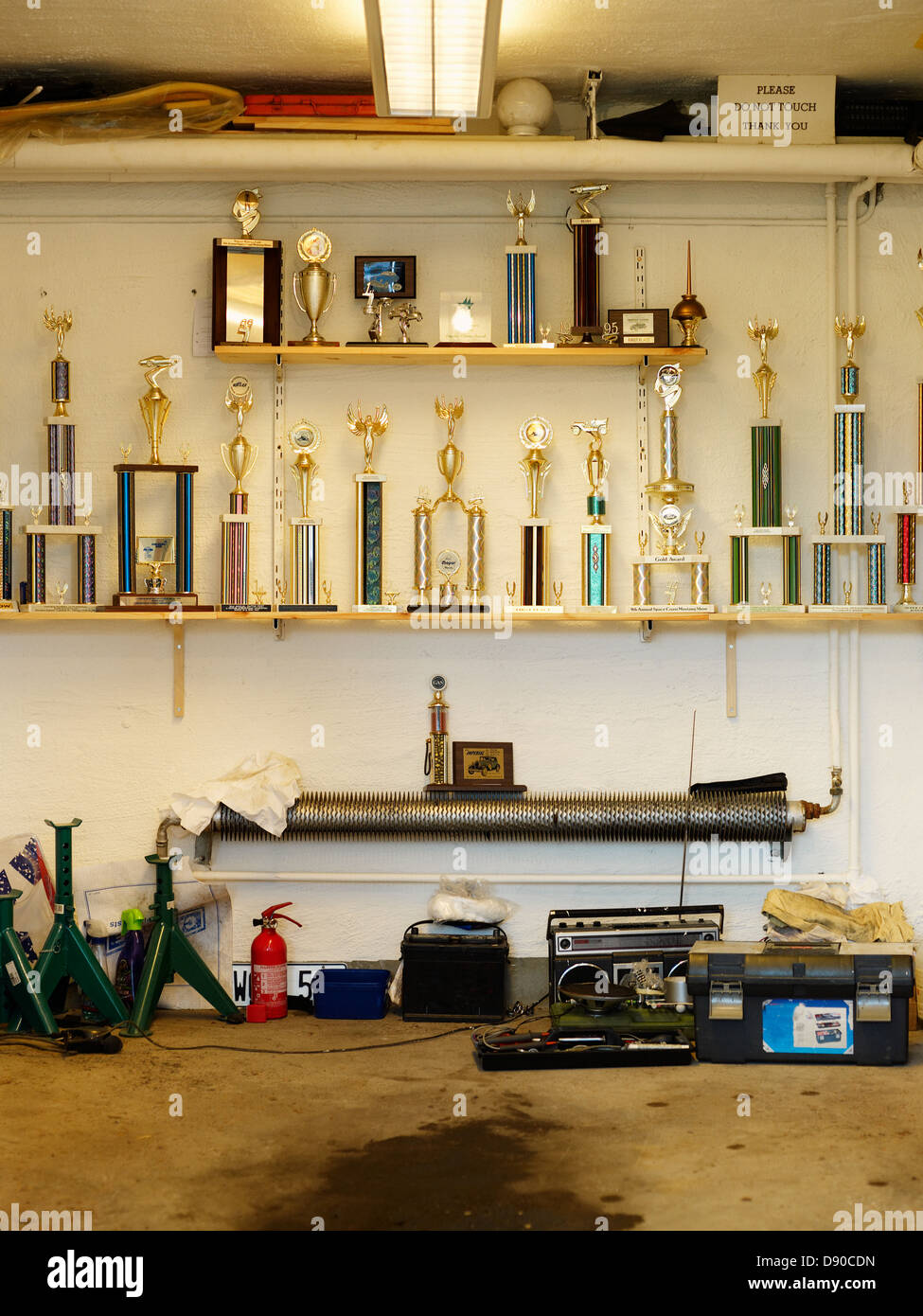 A collection of trophies in a garage. Stock Photo