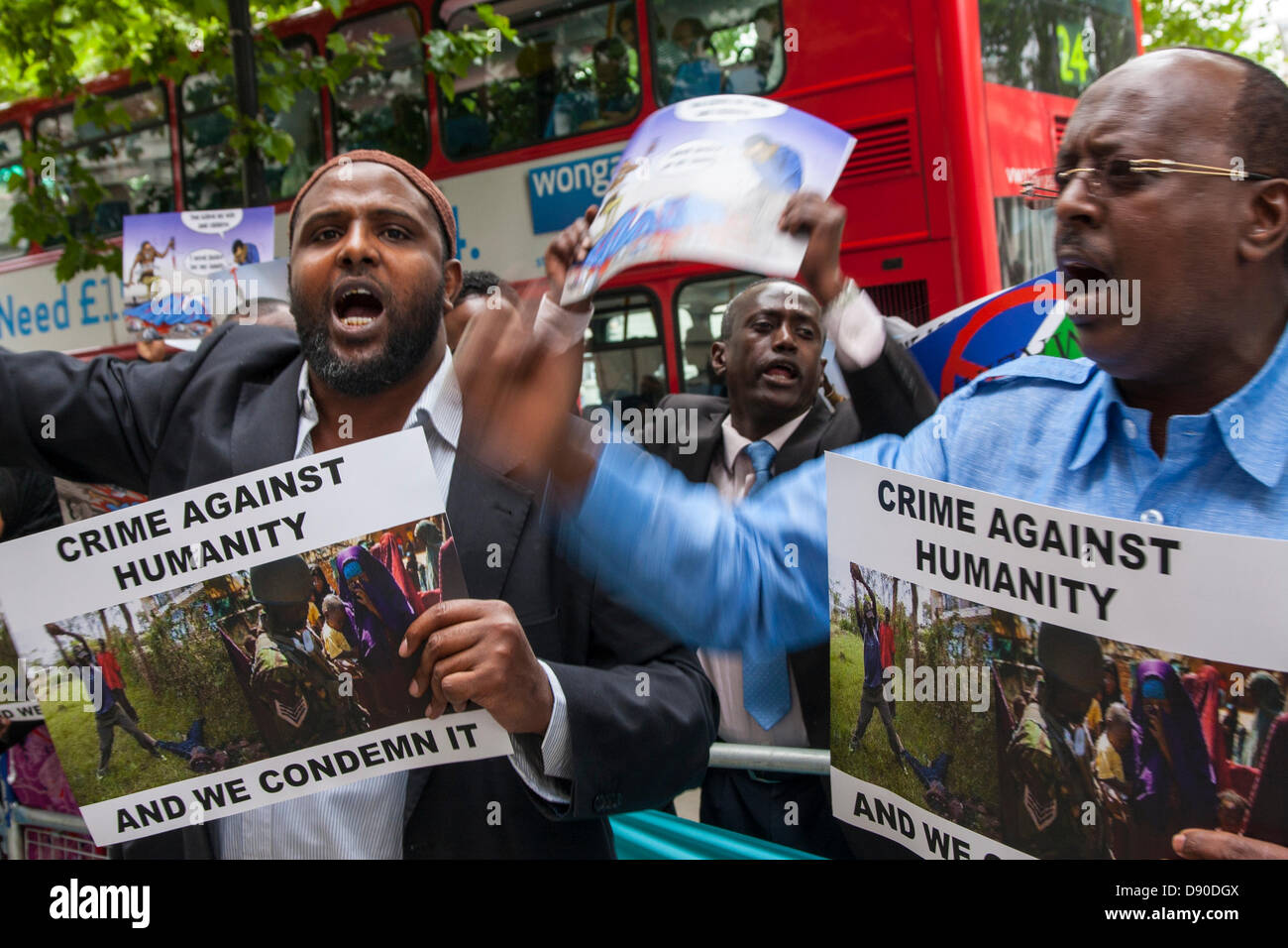 Somalis demonstrate outside the South African High Commission in London against the alleged stoning to death of Abdi Nasir Mahmood, a shopkeeper stoned to death in South Africa. Stock Photo