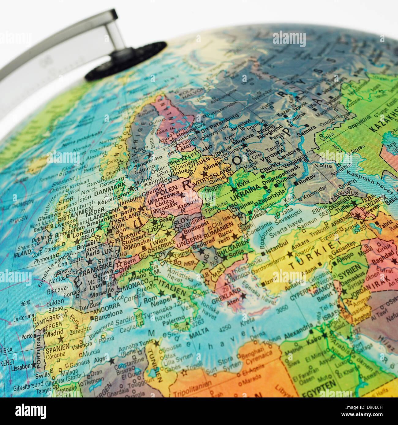 Europe in a world globe, close-up. Stock Photo