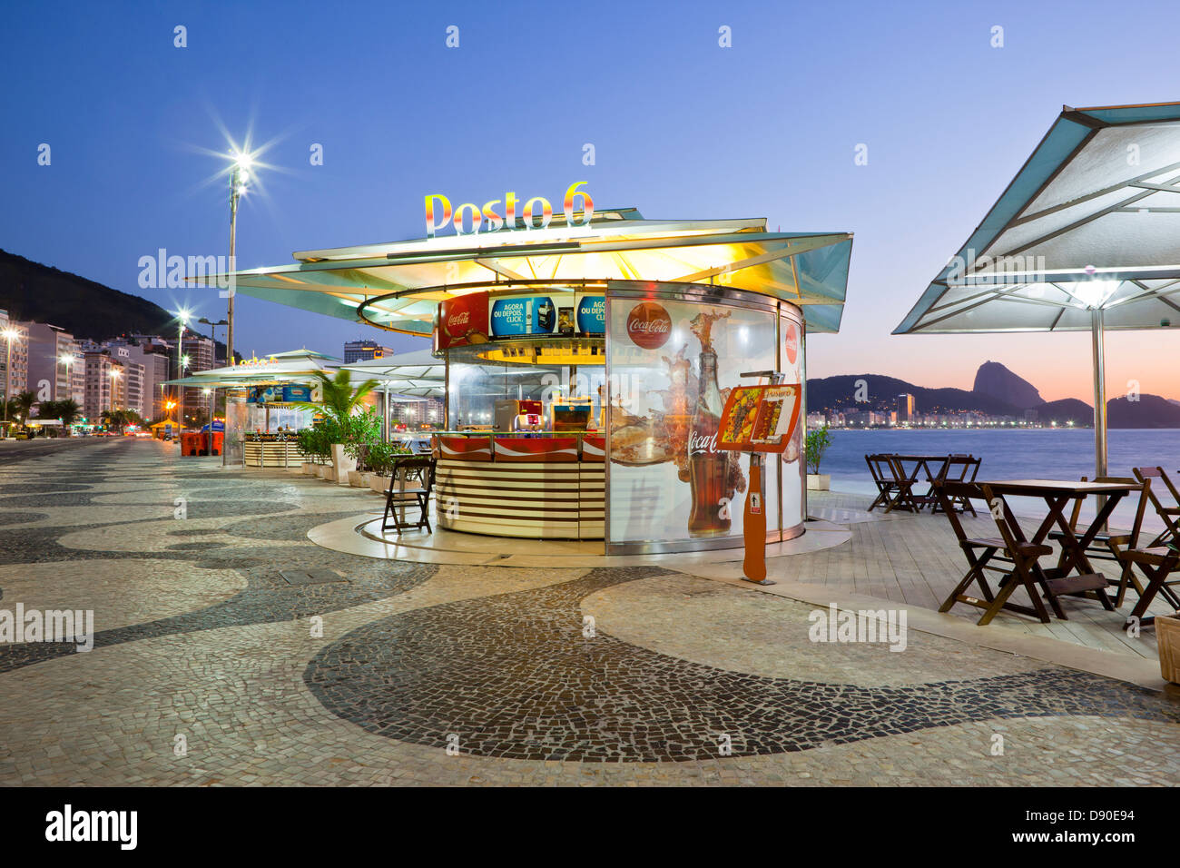 Stylized Kiosk named "Posto 6" with restaurant and bar at Copacabana beach sidewalk Rio de Janeiro Brazil Stock Photo