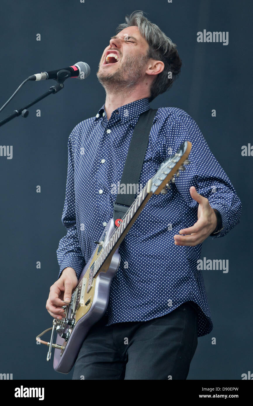 Front man of German band Tocotronic, Dirk von Lowtzow, performs at the music festival 'Rock im Park' in Nuremberg, Germany, 07 June 2013. Over 70,000 rock musicians are expected to the festival which continues until 09 June. Photo: DANIEL KARMANN Stock Photo