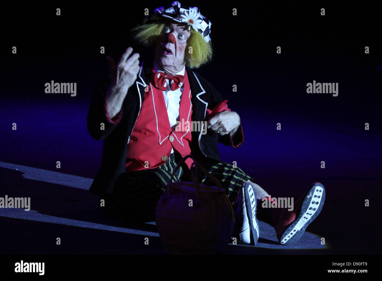 Famous Russian clown Oleg Popov performs in Karlovy Vary, Czech Republic, on May 8, 2013. Stock Photo